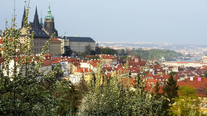 View of Prague Castle and the Lesser Town from Petrin Park in April
