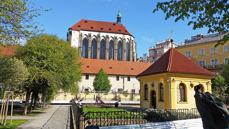 prague franciscan garden formally laid out with monastery and church of our lady of snows in background