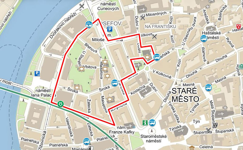 map showing the outline of the prague josefov district