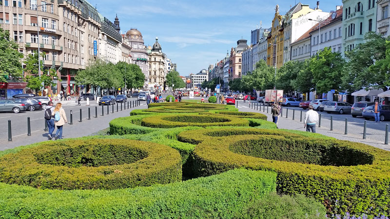 prague wenceslas square looking down the square with roads on both sides and in the centre stretching away are shaped privet hedges forming curves and circles