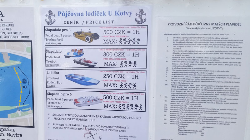 Price list for U Kotvy boat hire and rules in czech language