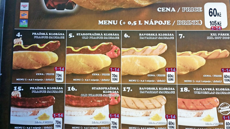 prague hot dogs menu picture showing different sausages served in long rolls and with sliced bread