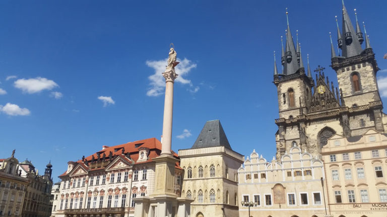 prague marian column made of sandstone standing 20 metres tall on the old town square