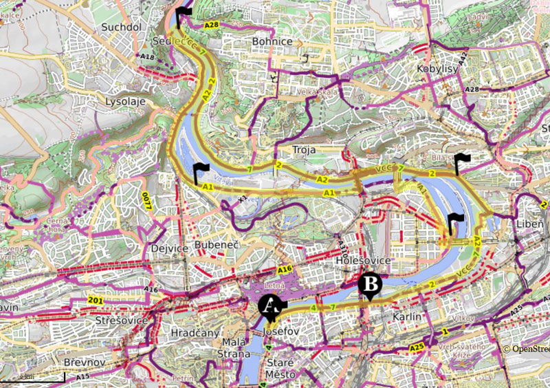 map of prague showing river bend and details of the a2 and a1 bike trails