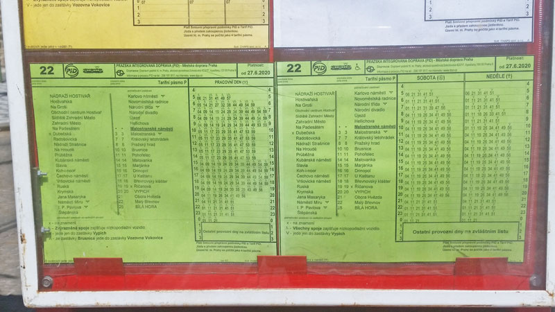 prague tram timetable on green paper