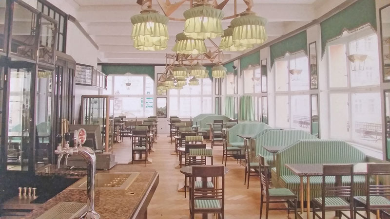 renovated cubist decor mostly olive green in the grand cafe orient in prague