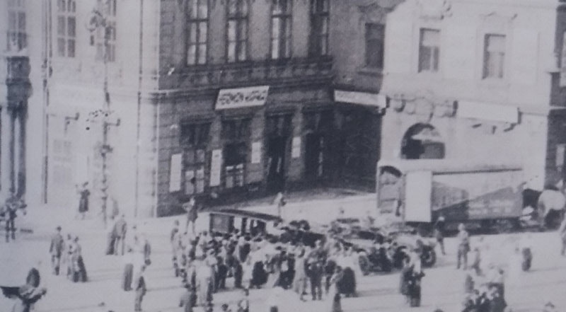 old black and white photo circa 1916 showing Herman Kafkas shop in the prague kinsky palace