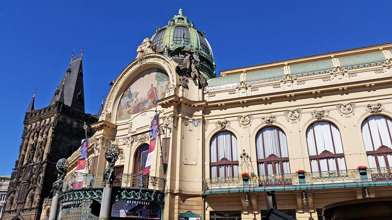 prague art nouveau municipal house and adjacent powder gate