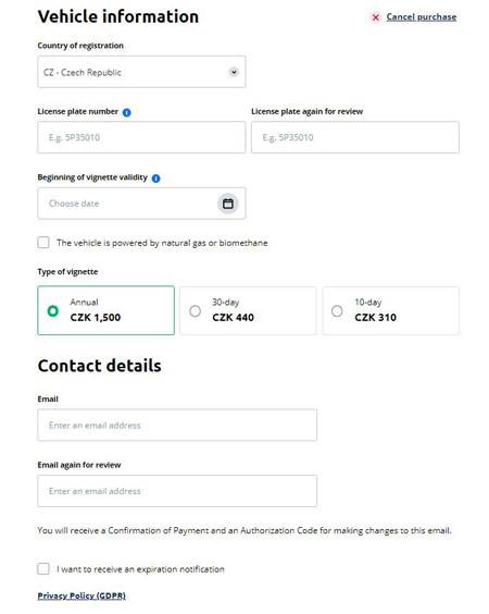 electronic czech motorway vignette portal page form