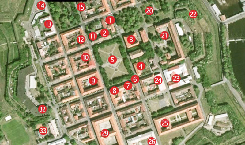 map showing numbered buildings of the terezin ghetto