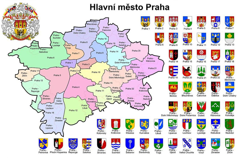 map showing the prague districts and associated coats of arms