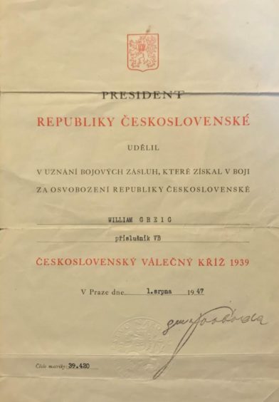 a czech military cross certificate awarded to william greig
