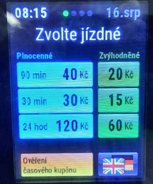 the screen on a prague public transport pre-validated ticket machine