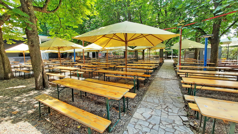 empty bench seating at the riegrovy sady beer garden during the pandemic