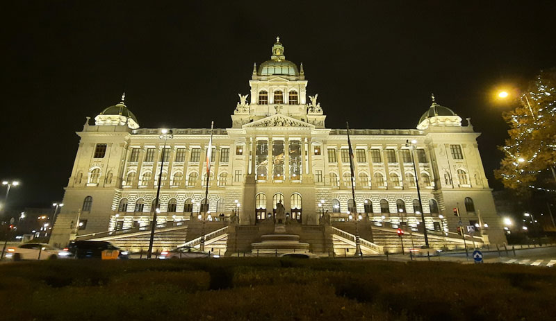 prague national museum lit at night