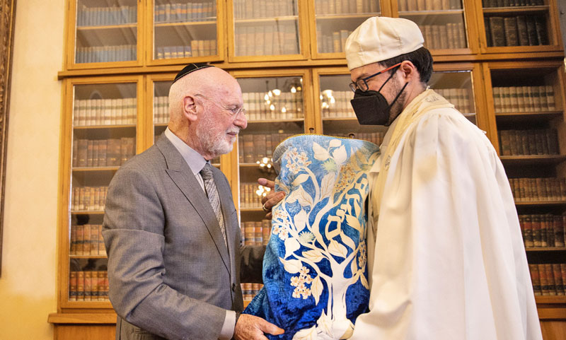 memorial scrolls trust chairman jeffrey ohrenstein presenting scroll 1052 to rabbi david maxa at the charles university in prague