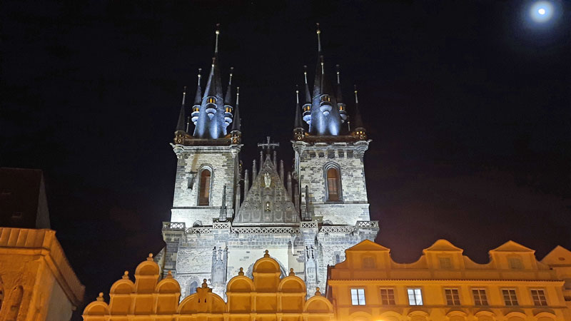 prague church of our lady before tyn at night with moon