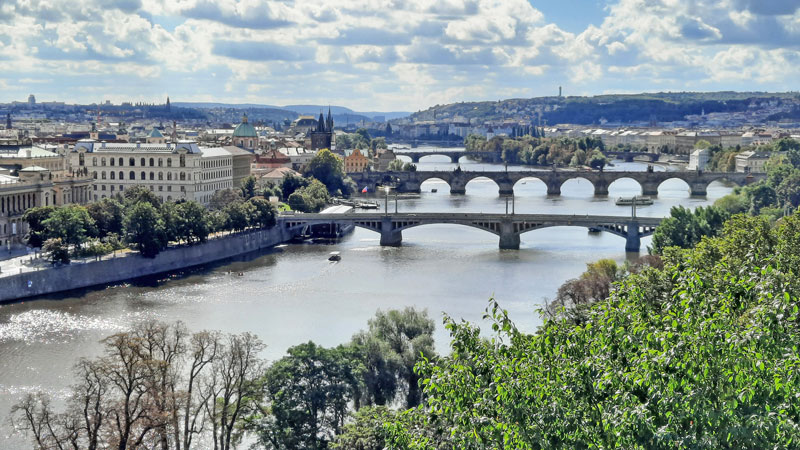 Prague's Vltava river and bridges seen from the scenic spot at the rear of the Hanavsky Pavilon