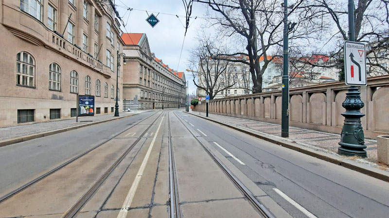 street view of 17 listopad street in prague with tram lines, scene of a bourne identity filming location