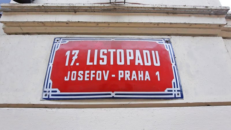 prague street sign that says 17 listopadu in the jewish quarter