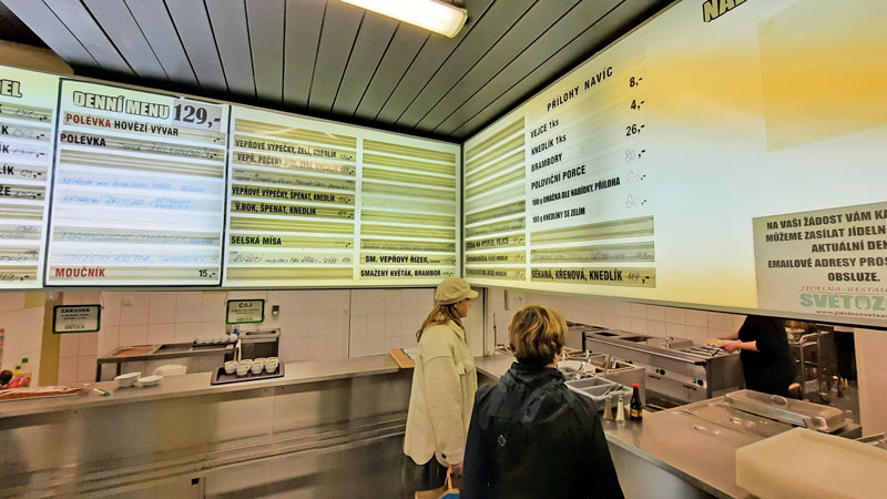 czech meals on a board at the svetozor jidelna in prague