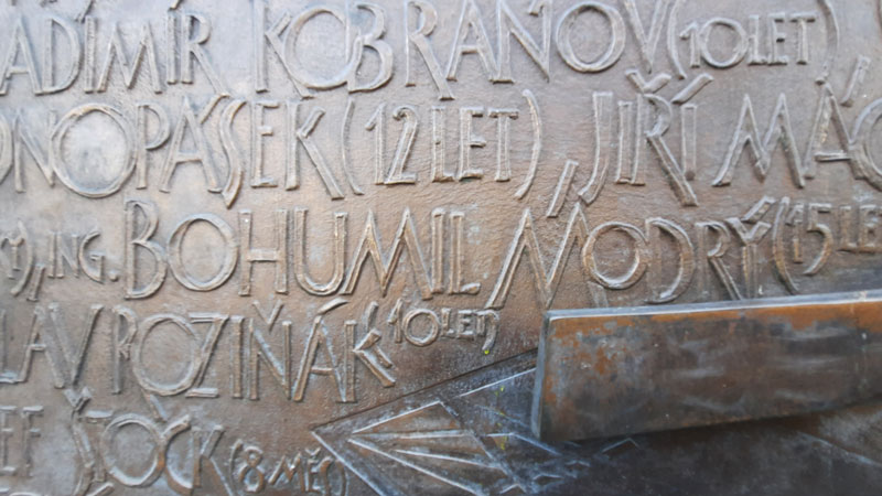 bronze memorial to czech ice hockey players with various names and prison terms