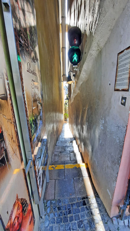 The Traffic Light Alley in Prague Lesser Town. A narrow alleyway with steps leading down to the river vltava