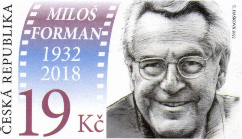 czech 19 korun postage stamp with the graphic image of film director milos forman