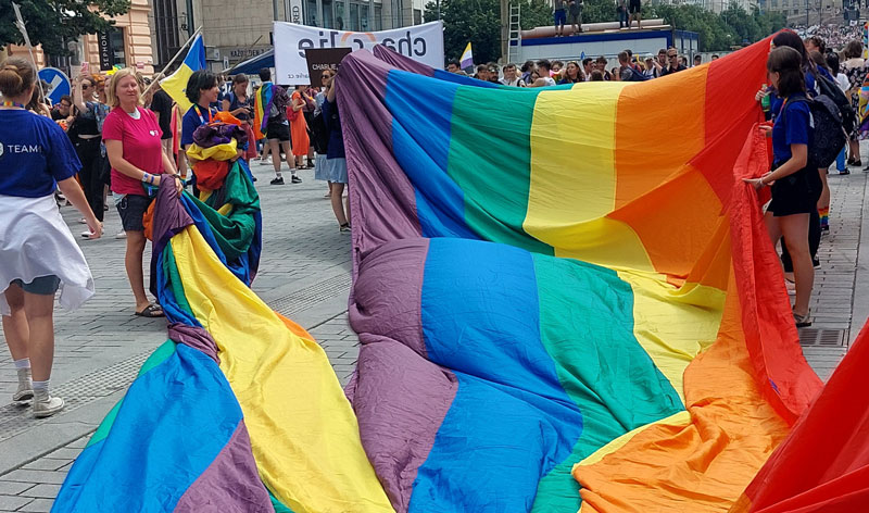 Prague Pride Parade gathering on wenceslas Square with rainbow banners