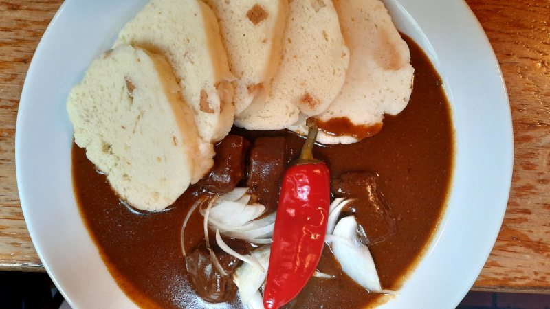 Prague Goulash - Beef, Bread Dumplings, Onions and Hot Pepper