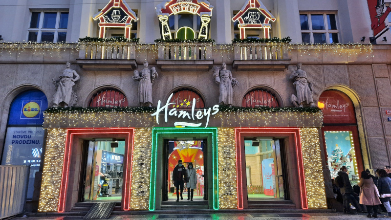 the facade of the hamleys toy shop in Prague decorated for christmas