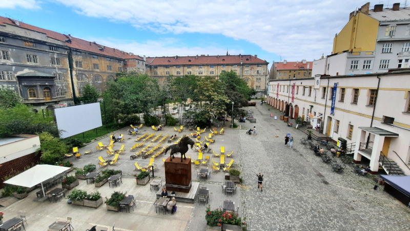 kasarna karlin army barracks parade ground with yellow deckchairs