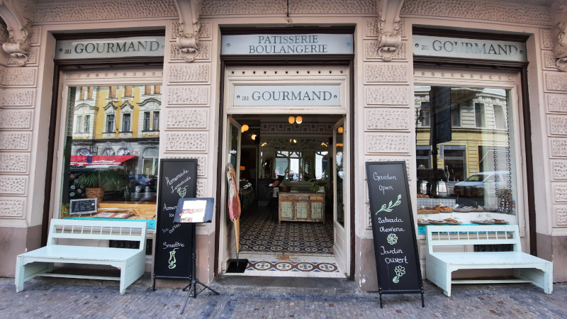 prague cafe au gourmand facade and tiled floor