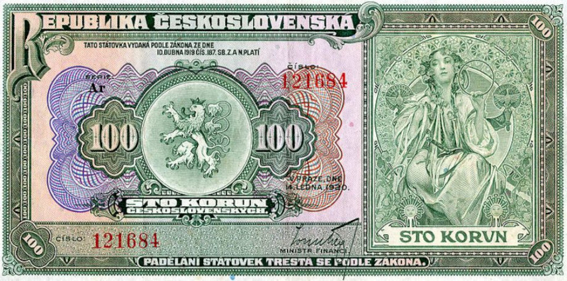 first czechoslovak czk100 banknote with artistic decoration by alfons mucha