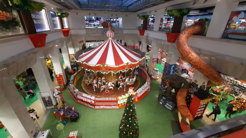 the carousel and toboggan on the ground floor of prague hamleys toy shop