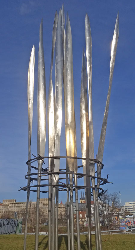 Memorial to the Victims of Collectivisation in Czechoslovakia consisting of metal shards in the form of a cereal crop encased in barbed wire