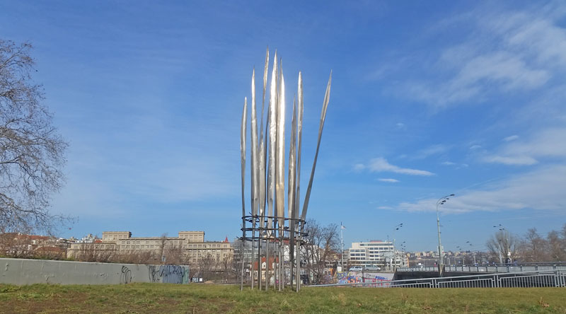 Memorial to the Victims of Collectivisation in Czechoslovakia consisting of metal shards in the form of a cereal crop encased in barbed wire