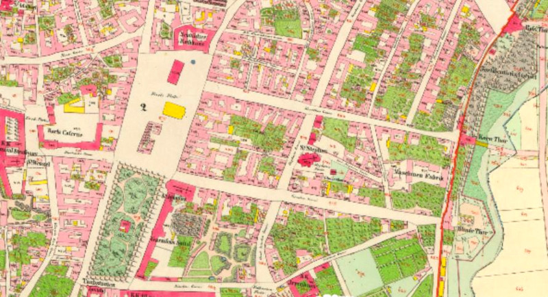1842 map of the area known as charles square in prague