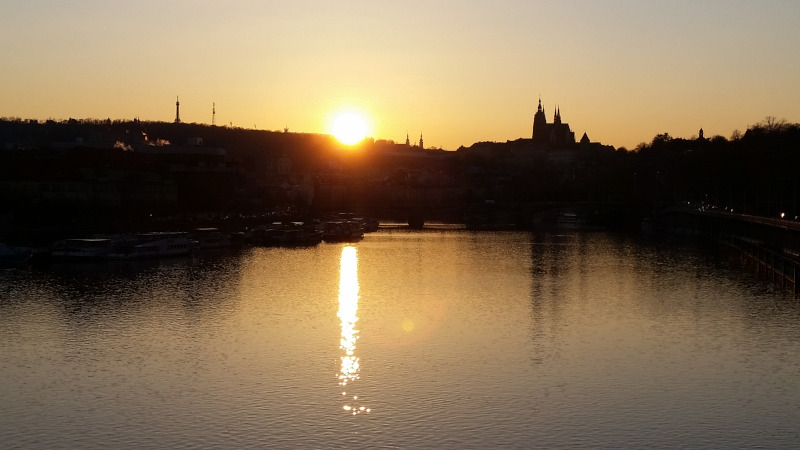 Sunset over the River Vltava Looking back up river from Cechuv Most