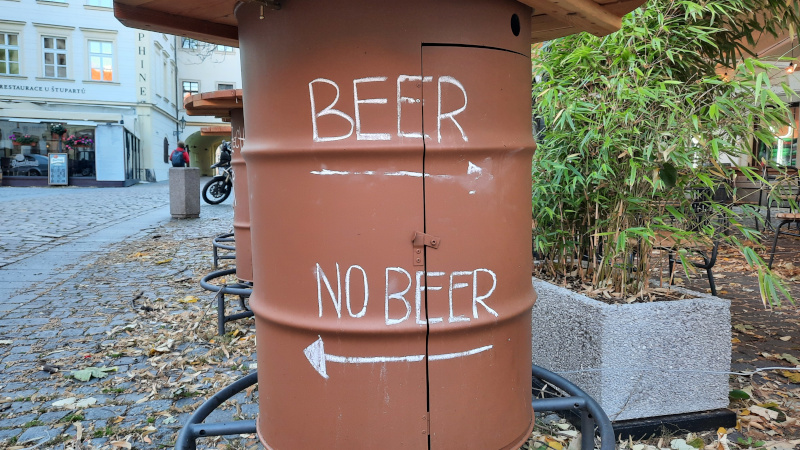 Oil drum with Czech sign saying beer or no beer