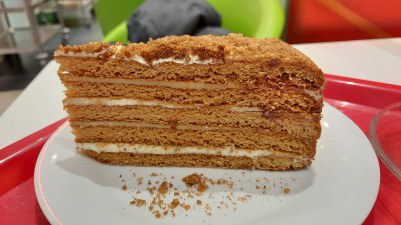 slice of czech cake called medovnik on a white plate