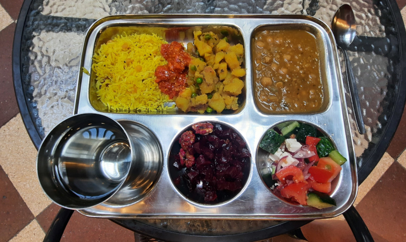 lunch on stainless steel tray at dhaba beas in prague