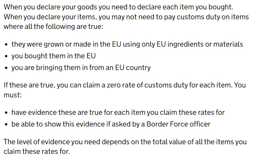 uk government excerpt on rules for importing goods