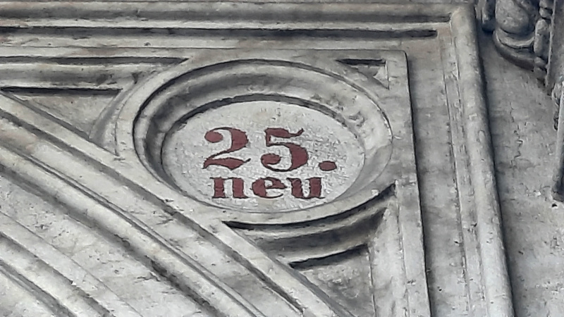 detail of Narodni street number 25 showing the reference to the old pre-1848 name neu allee