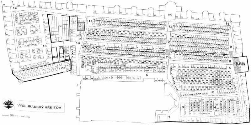 map showing the layout of the prague vysehrad cemetery with block and grave numbering