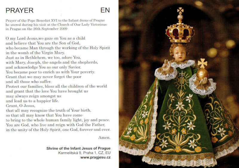 pope benedict prayer card for his prayer to the infant jesus of prague