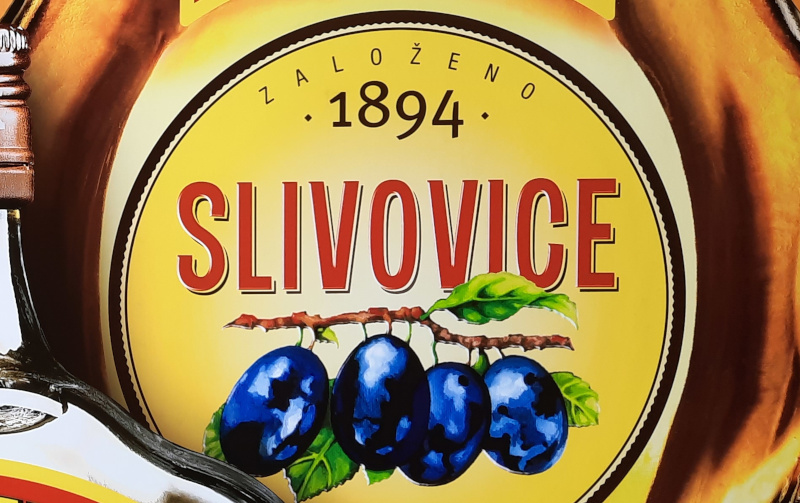 graphic on the front of a bottle of R. Jelinek slivovice or plum brandy