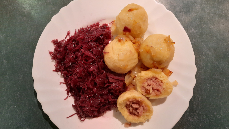 czech filled dumplings with sweet red cabbage side