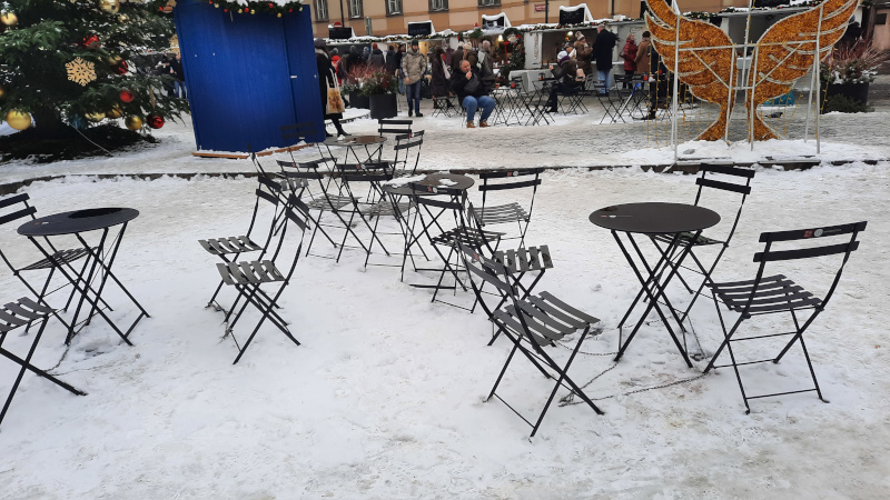 prazske zidle project on marian square in prague with snow on the ground