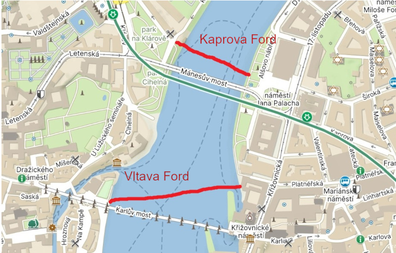 map showing location of historic vltava and kaprova prague fords now replaced by bridges
